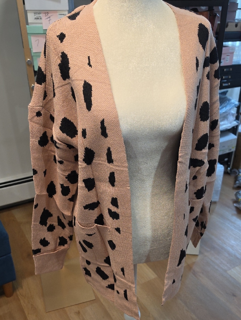 Open-Front Pink Leopard Print Cardigan Sweater
